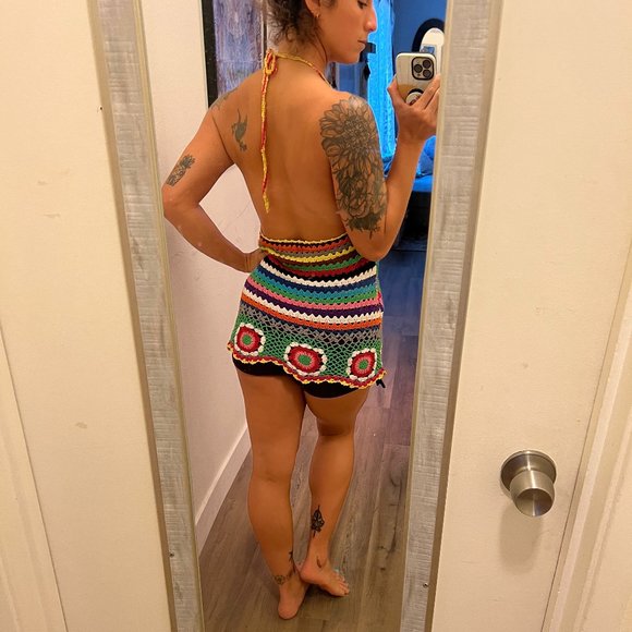 Unique Rainbow Crochet Festival Rave Beach Top - Tunic - Mini Dress - Coverup - Picture 2 of 5
